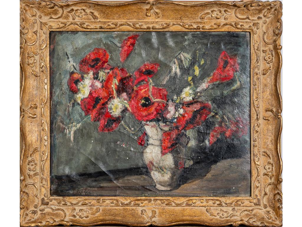Pierre CHATELET (Avignon 1876-1936) : Anémones. Huile sur carton signée en bas à droite. Dim : 38 x 45.5 cm. (craquelures)