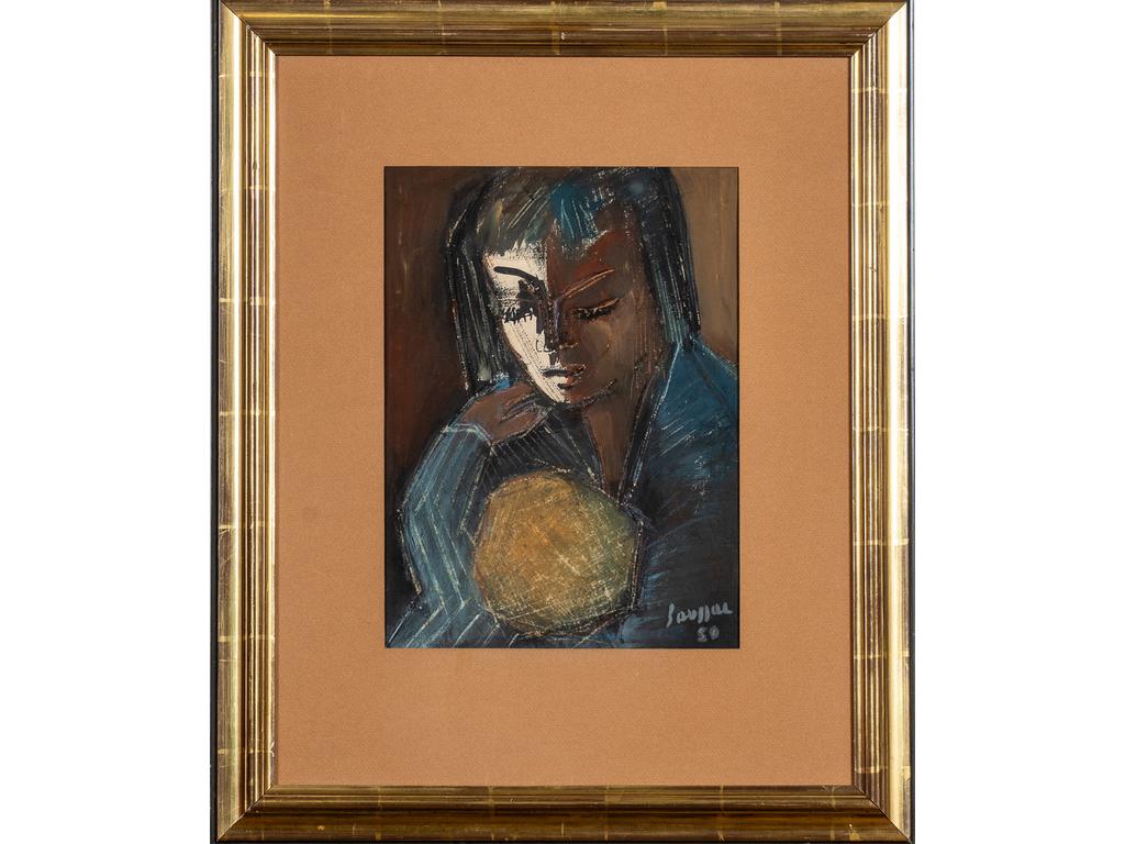 Jean SAUSSAC (1922-2005) : Portrait de femme. Huile sur carton signée en bas à droite et datée 50. Dim : 32 x 23.5 cm.