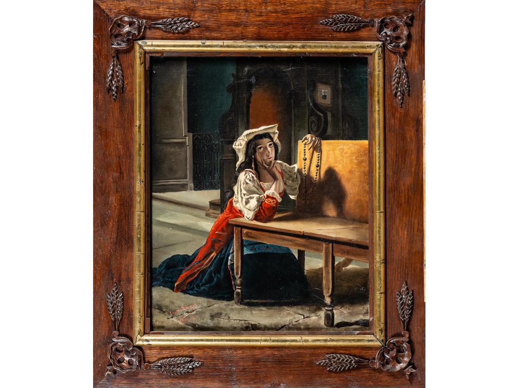 Edmond MOUGEOT : Napolitaine priant, huile sur toile signée en bas à gauche, daté (18)82 et situé à Dijon. Dim 62x50 cm.