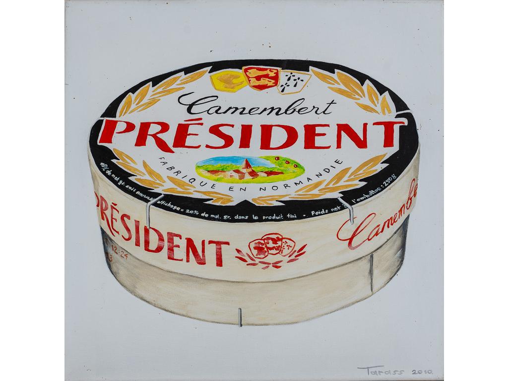 TARASS (né en 1960) : Camembert Président. Acrylique sur toile, signée et datée 2010. (Sans cadre, quelques tâches à la toile). Dim. : 50x50 cm.