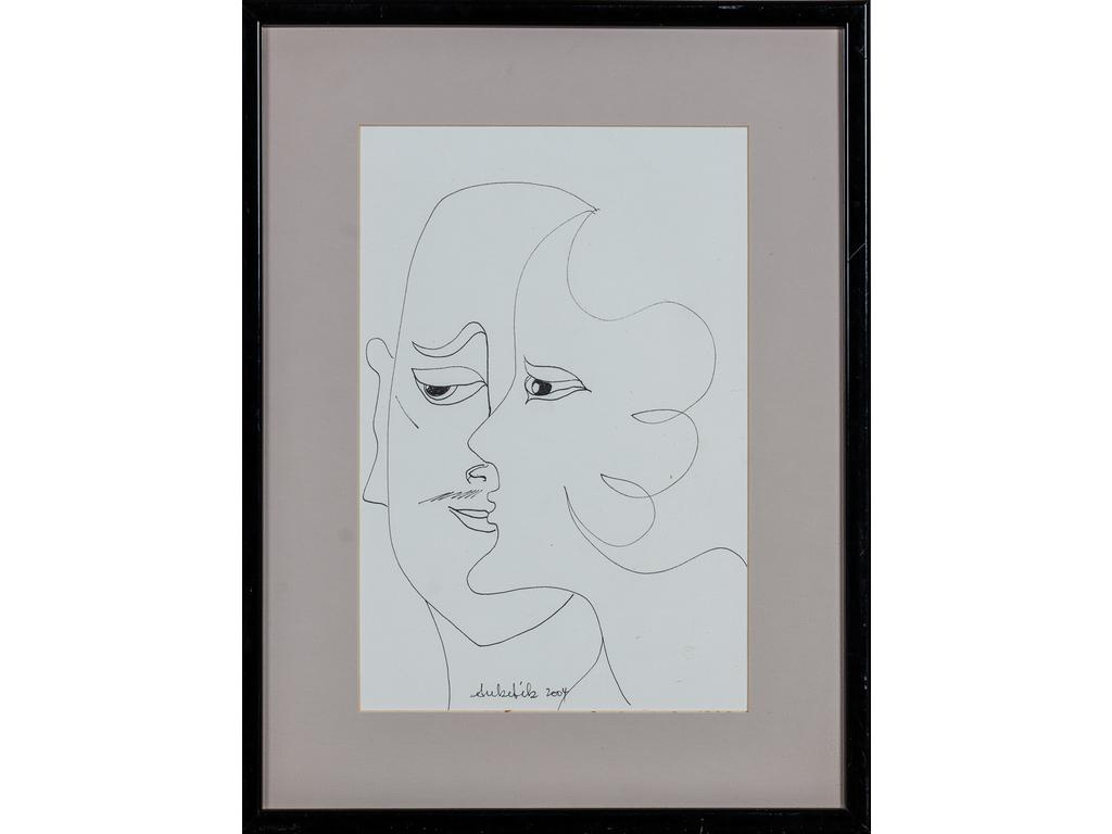 Ecole contemporaine : Les deux visages. Dessin au feutre noir, daté 2004. Dim. : 29x19 cm.