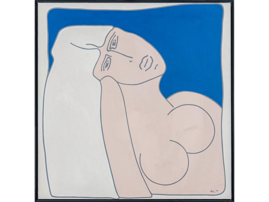 Ecole moderne. Portrait de femme aux cheveux long. Acrylique sur toile marouflée. (Tâches et salissures). Dim. : 89 x 88 cm