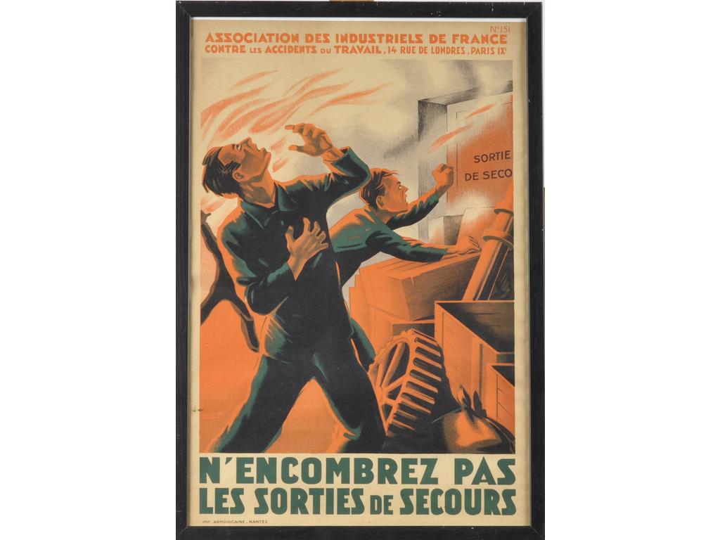 OLIV et FOSSEY : Deux affiches pédagogiques éditées par l'imprimerie Armoricaine à Nantes pour l'Association des industriels de France contre les accidents du travail. Encadrées sous verre. Dim. : 59x39 cm.