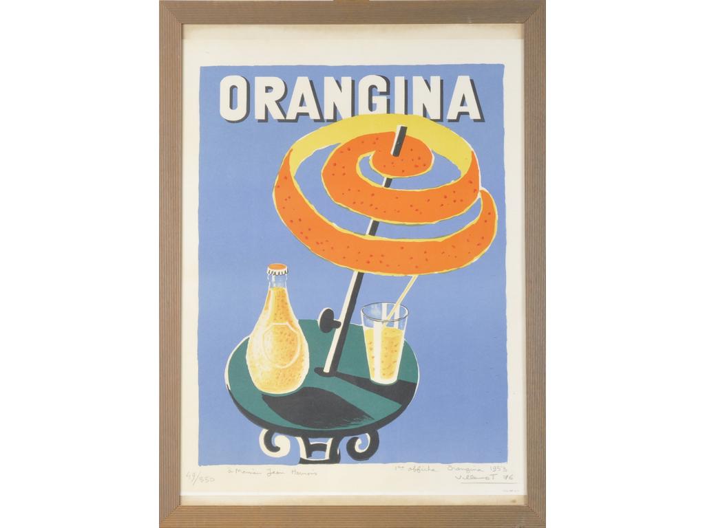 Bernard VILLEMOT (d'après) : Orangina. Lithographie pour une affiche publicitaire. Numérotée 49/350, dédicacée, signée et datée 1976. Dim. : 47x64cm.