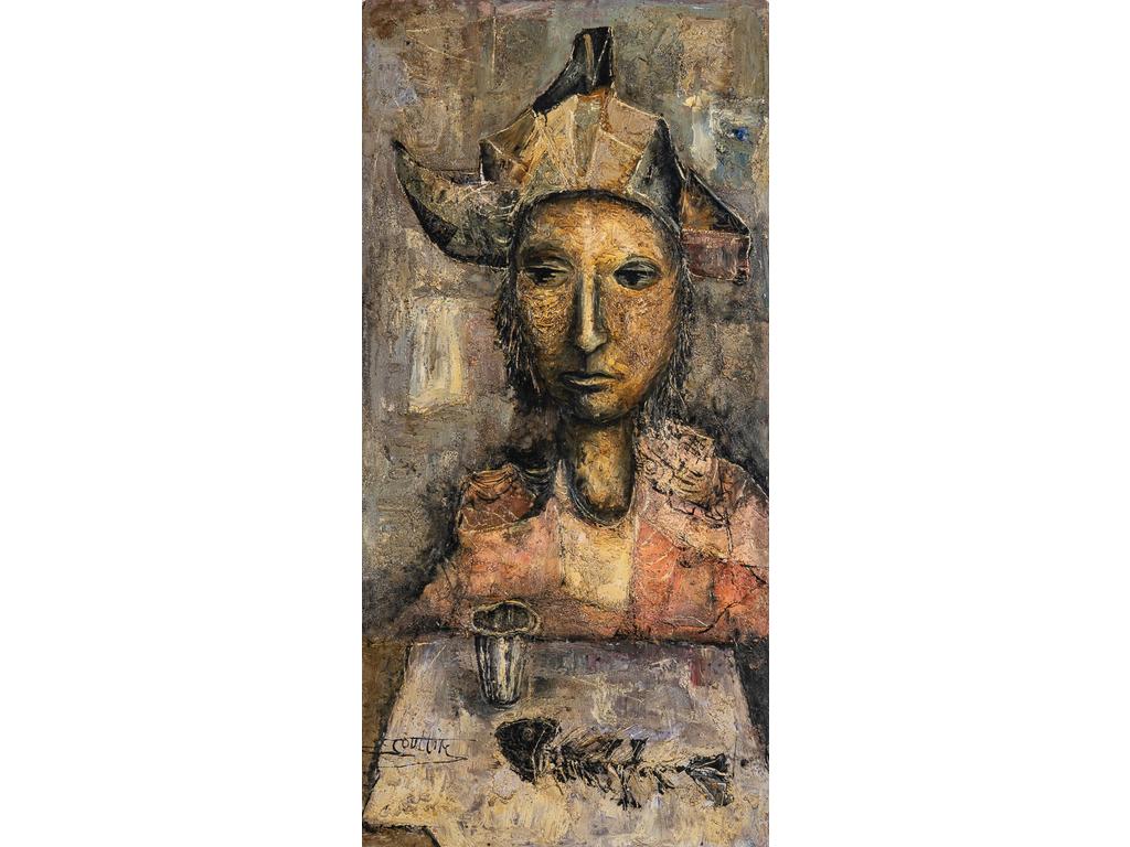 Jean-Marie GOUTTIN (1922-1987) : Personnage Arlequin. Huile sur isorel signée en bas à gauche. Dim : 99 x 47 cm.