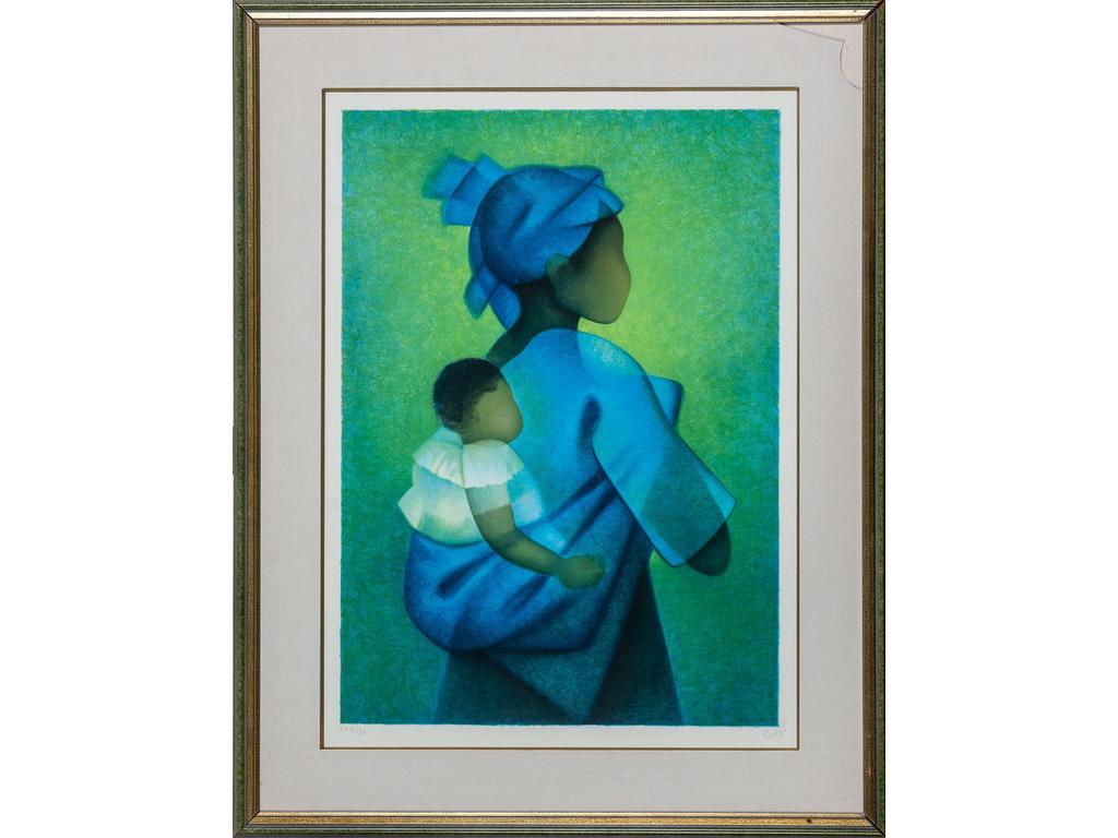 Louis TOFFOLI (1907-1999) : Mère et enfant. Lithographie signée en bas à droite au crayon et numérotée 107/150. (vitre cassée). Dim : 71 x 51 cm.