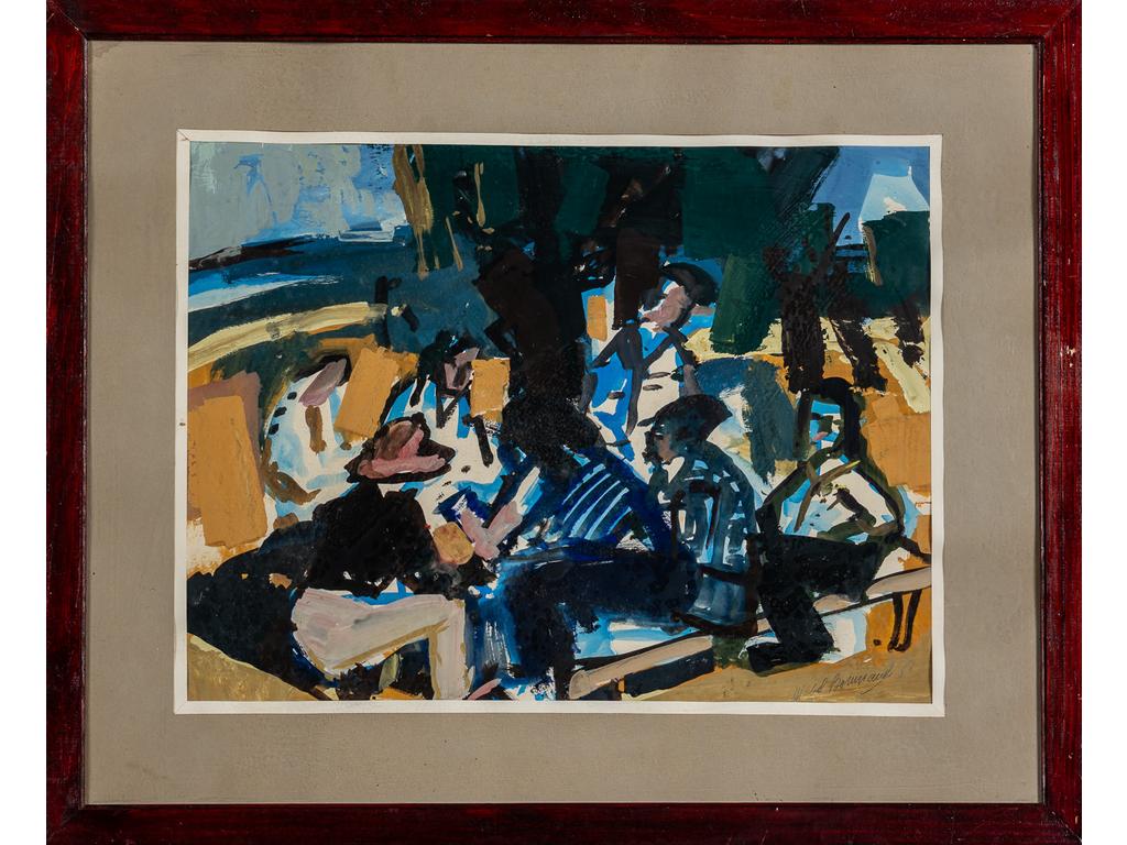 Michel BONNAUD (1934-2008) : Personnages attablés sous un arbre. Gouache sur papier signée en bas à droite et datée 1961. Dim : 45 x 60 cm.