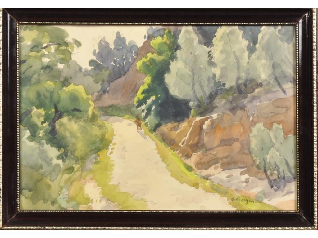 Alfred BERGIER (1881-1971) : Personnage sur un chemin en Provence. Aquarelle, signée en bas à droite. Dim. : 30x45cm.