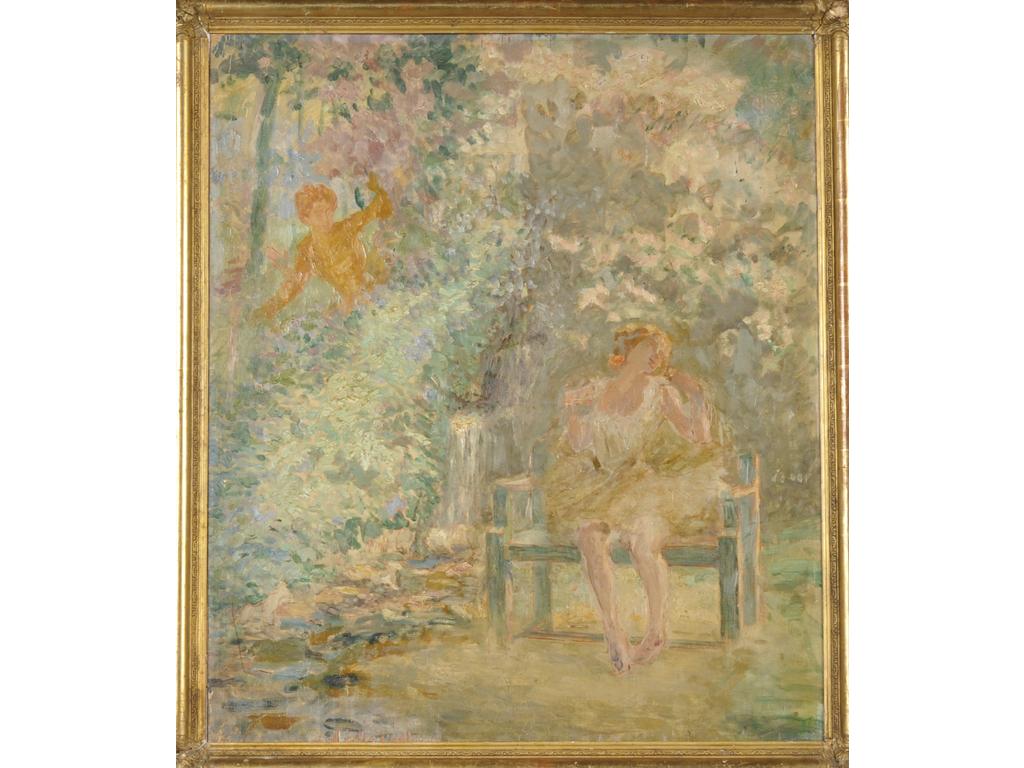 Ecole début XXème siècle : Femme assise dans un parc. Huile sur contreplaqué. (Eraflures et petits manques sur les bords). Dans un petit cadre baguette doré. Dim. : 69x59cm.