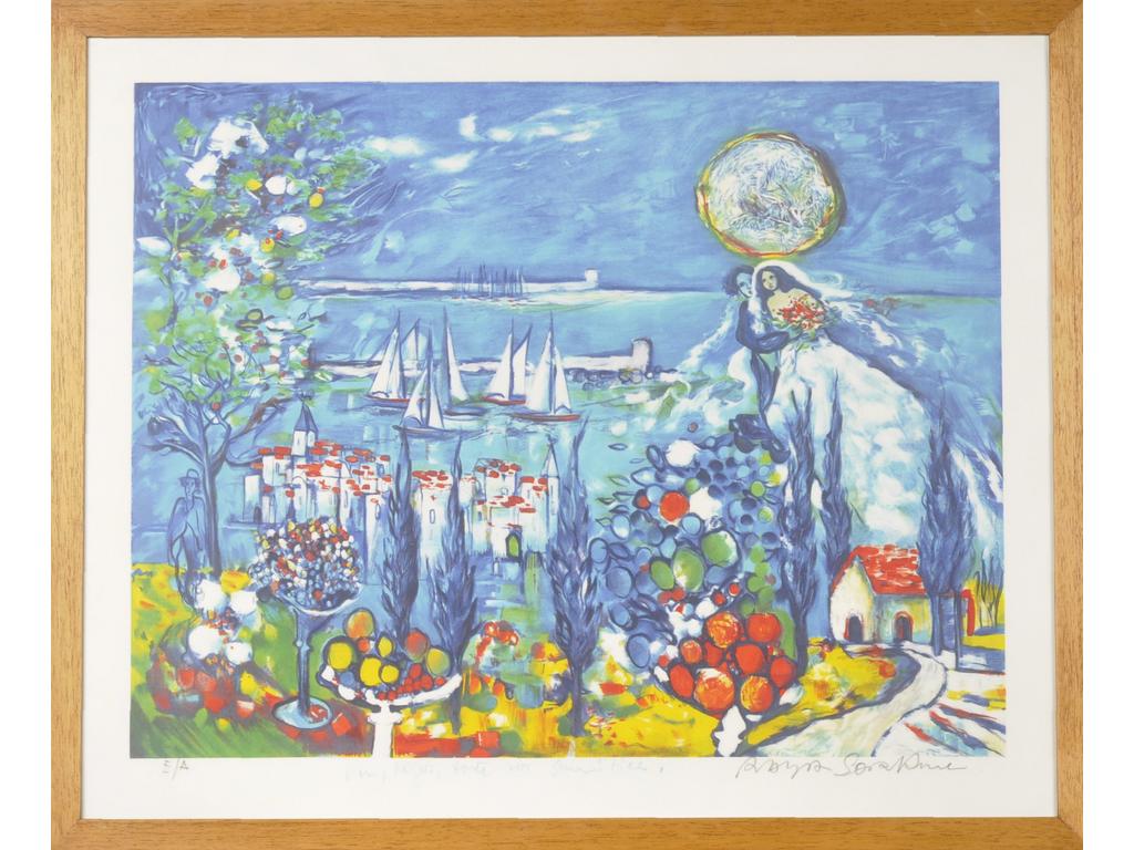Alain RAYA SORKINE (1936-2022) : Les Mariés de la Côte d'Azur. Estampe, épreuve d'artiste signée dans la marge et dédicacée avec tampon sec de Mourlot. Dim. : 52x66cm.