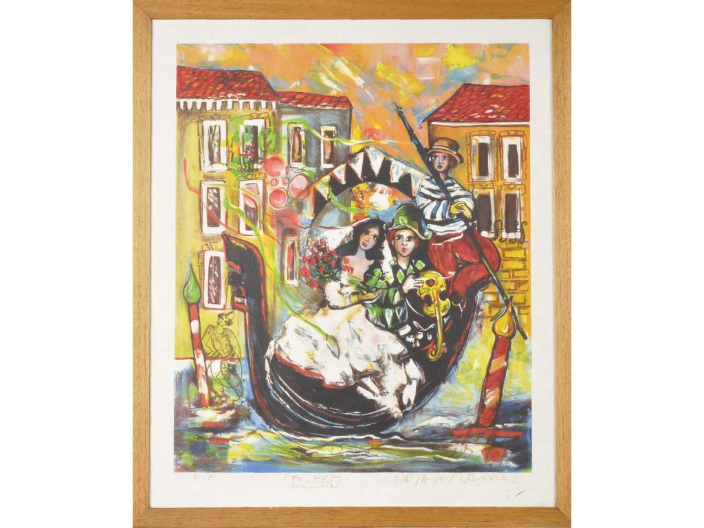 Alain RAYA SORKINE (1936-2022) : La Mariée et Arlequin à Venise. Estampe sur papier Japon. Epreuve d'artiste, signée dans la marge et dédicacée. Dim. : 63x52cm.