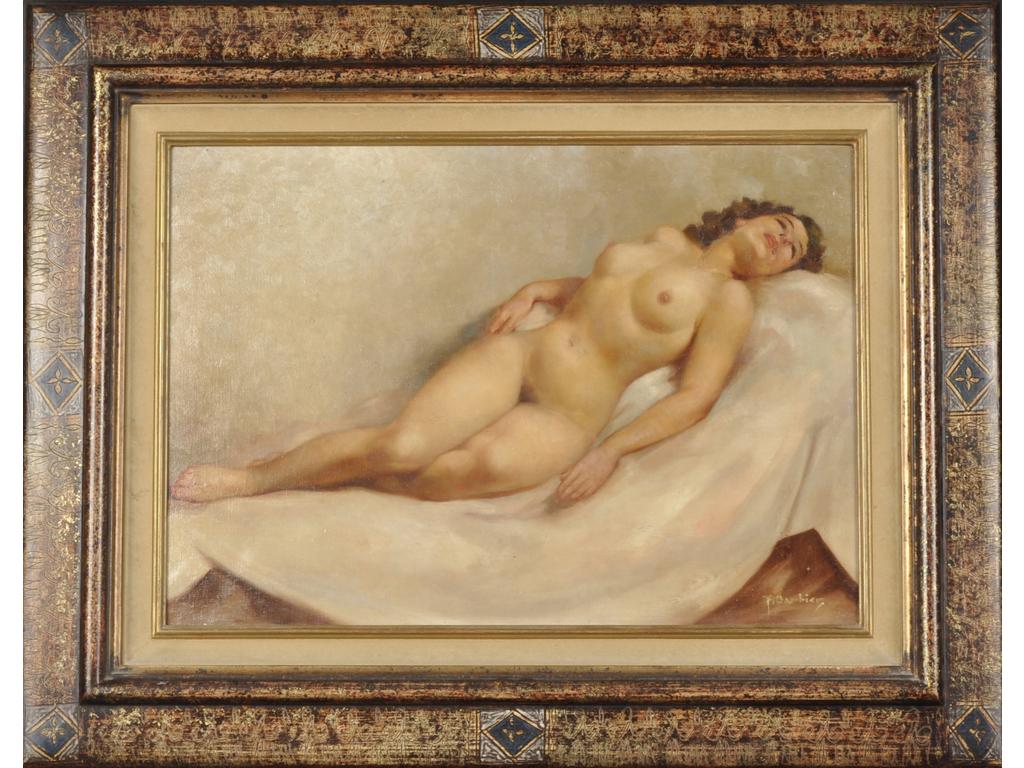 Fernand BARBIER (XXème) : Femme nue allongée. Huile sur toile, signée en bas à droite. Dans un cadre. Dim. : 46x66cm.
