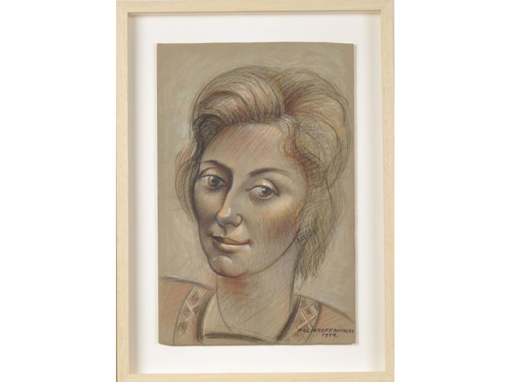 Nicolas POLIAKOFF (1899-1976) : Portrait de femme. Dessin au pastel et fusain, signé et daté 1974. Dim. : 49x32cm.
