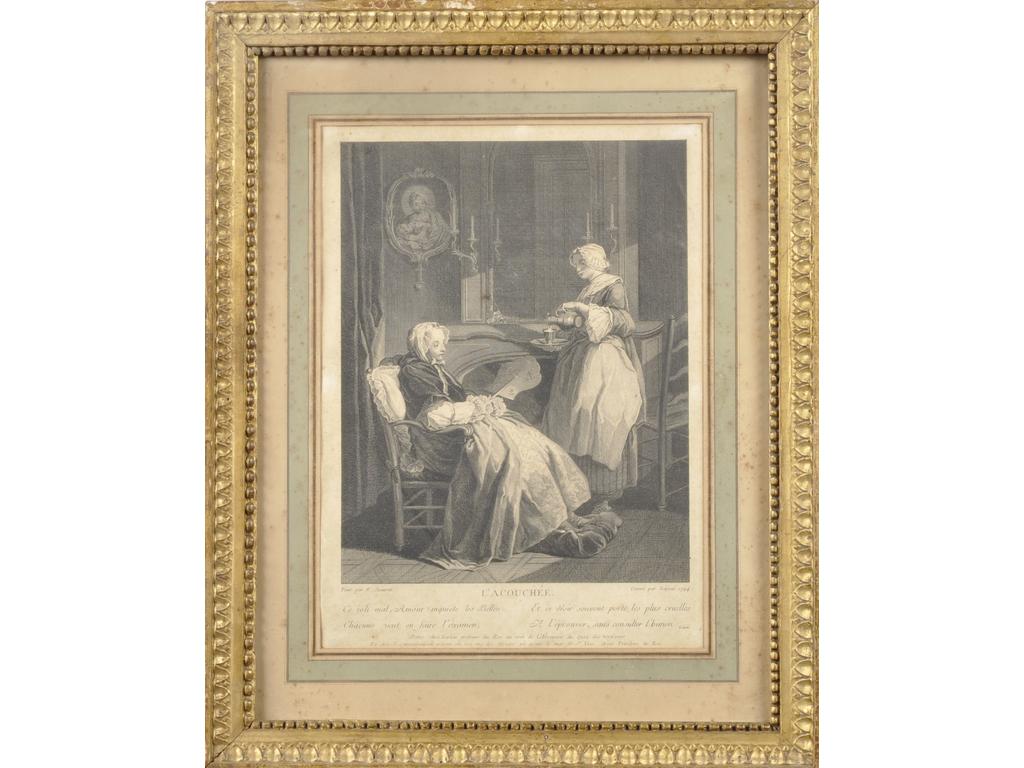 D'après JEAUVAT, gravé par Lépicié : L'Accouchée. Gravure dans un cadre en bois doré à décor de feuilles d'eau. Dim. avec cadre : 55x44cm.