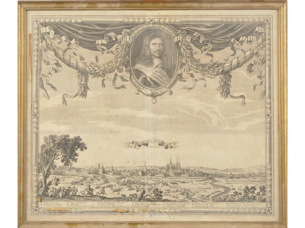 Gravure représentant la vue cavalière de Mouson en Champagne. Retirage d'époque XIXème. (Pliures et rousseurs). Dim. : 45x54cm.