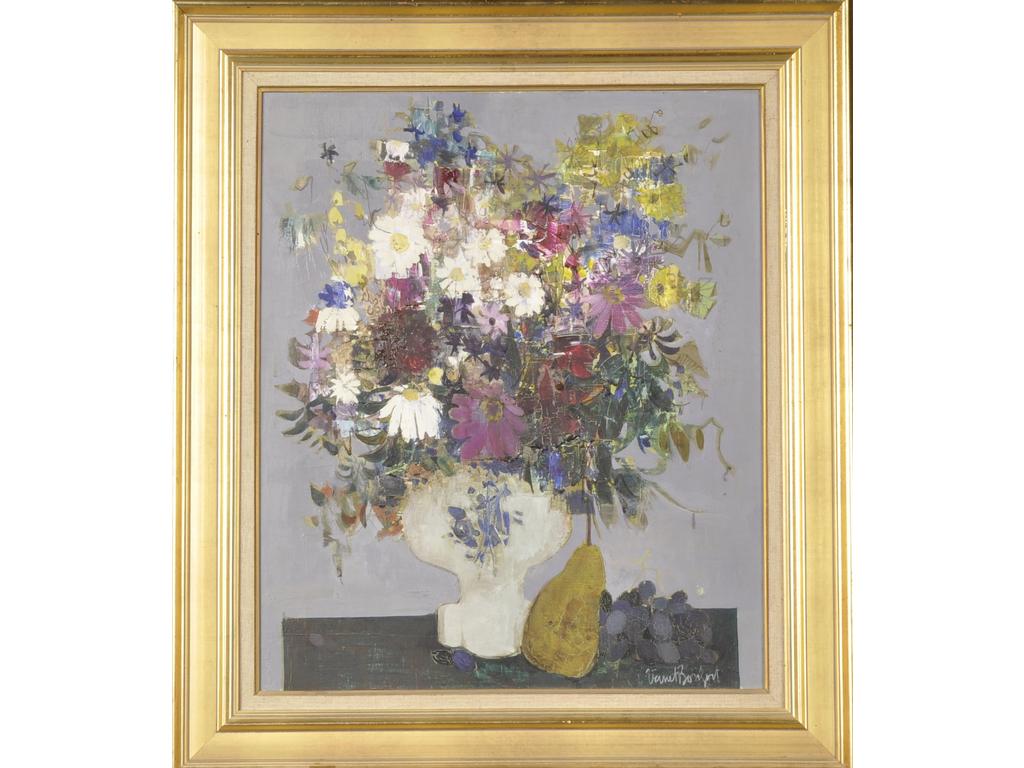 Robert VERNET BONFORT (1934-2017) :Nature morte aux fleurs. Huile sur toile, signée en bas à droite. Contresignée et datée 1965 au revers. Dim. : 55x46cm.