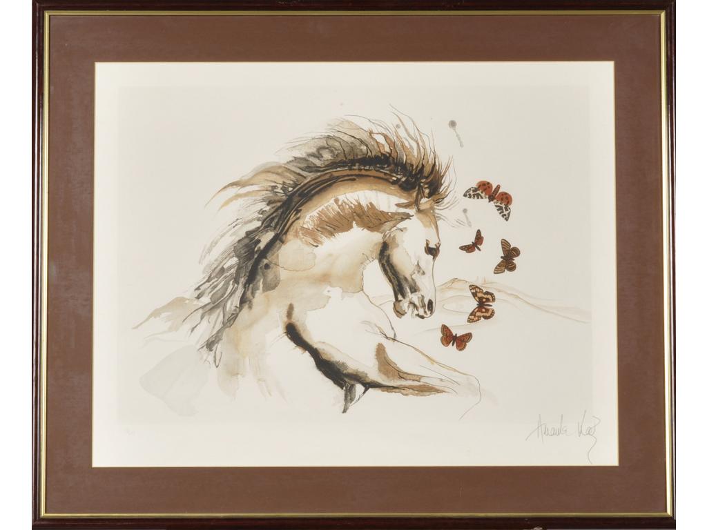 Amanda LEAR : Le Cheval aux papillons. Lithographie numérotée 35/225 et signée dans la marge. Dim. : 45x62cm.