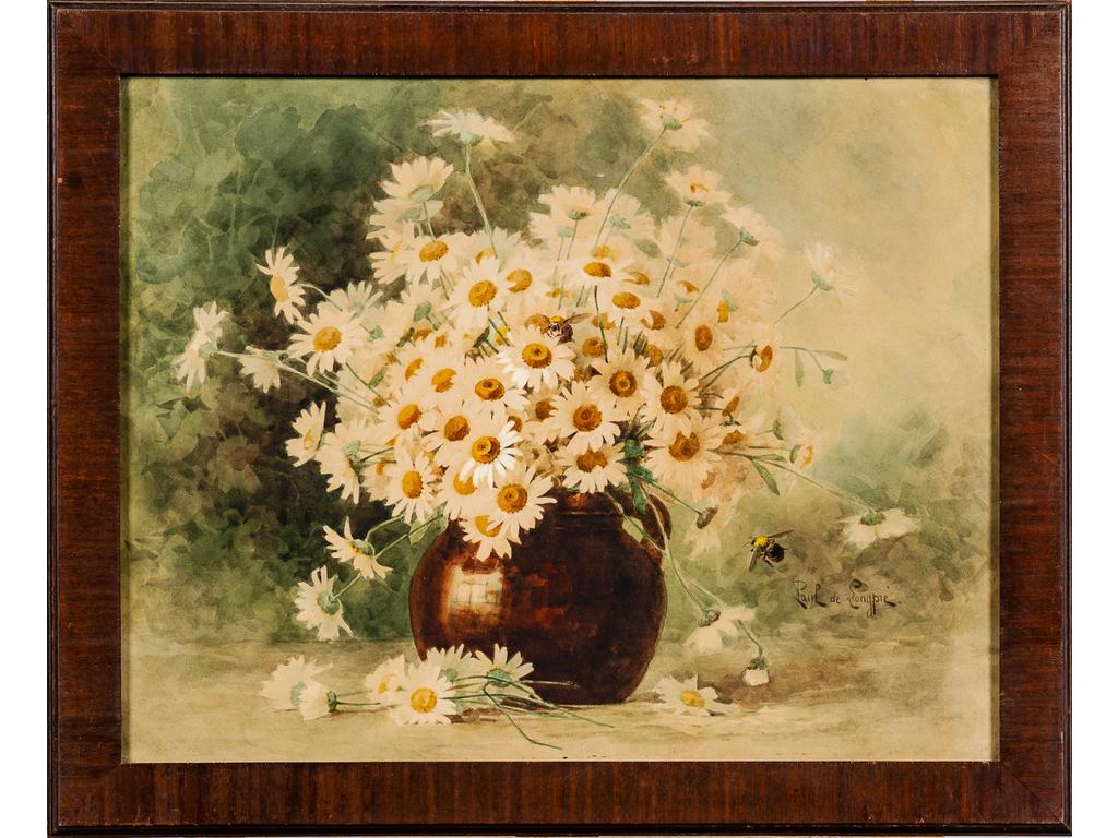 Paul de LONGPRE (1855-1911) : Nature morte au bouquet de marguerites. Aquarelle signée en bas à droite. (Papier jauni). Dim : 44 x 56.5 cm.