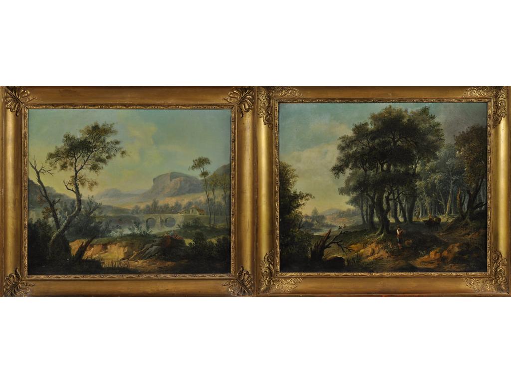 Ecole Française du XVIIIeme siècle, entourage de Nicolas Jacques JULLIARD : Paysans à l'orée d'un bois et pecheurs en bordure de rivière.Paire de toiles. Hauteur : 49,5 cm. Largeur : 60 cm. (Restaurations anciennes). Expert : Cabinet Erice Turquin.