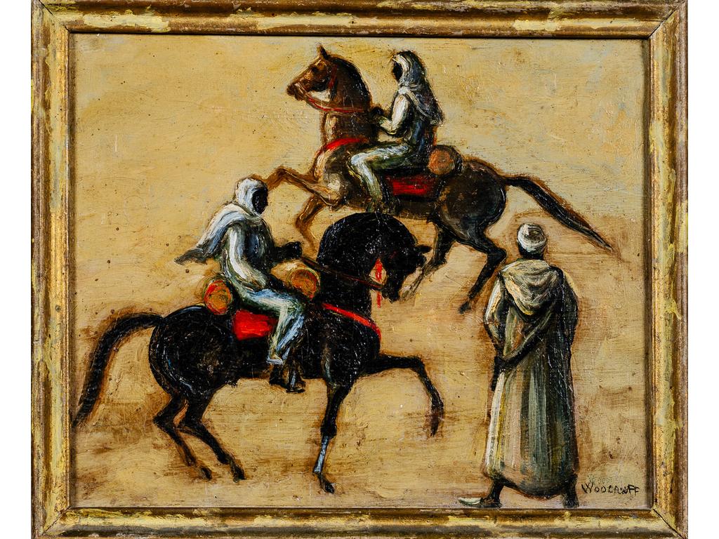 Porter WOODRUFF (C.1894-1959) : Cavaliers Arabes. Huile sur toile signée en bas à droite. (Soulèvements et petits manques). Dim : 37.5 x 46 cm.