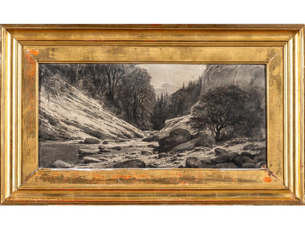 Auguste ALLONGE (1833-1898) : Torrent de montagne. Dessin en grisaille au fusain et rehauts de craie. Signé en bas à gauche. (Déchirures et papier gondolé). Dim : 25.5 x 55.5 cm.