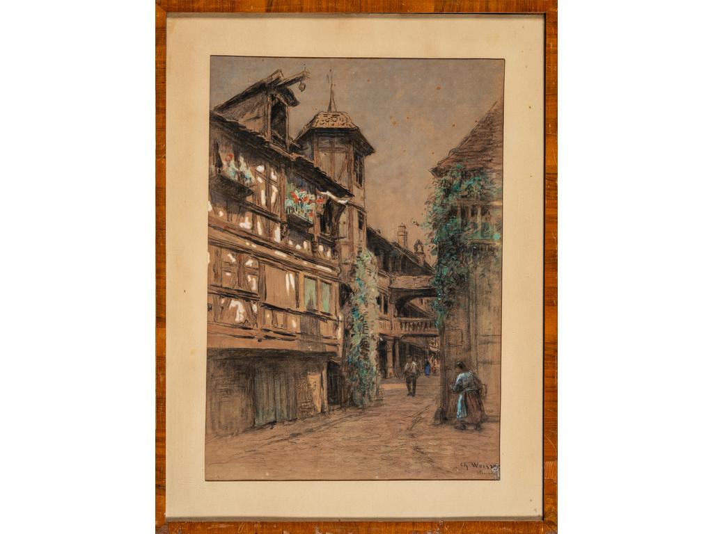 Charles WEISSER (1870-?) : Rue de Strasbourg animée. Dessin au fusain et rehauts. Signé en bas à droite et situé. (Papier insolé, et rousseurs) Dimensions : 61 x 43 cm.