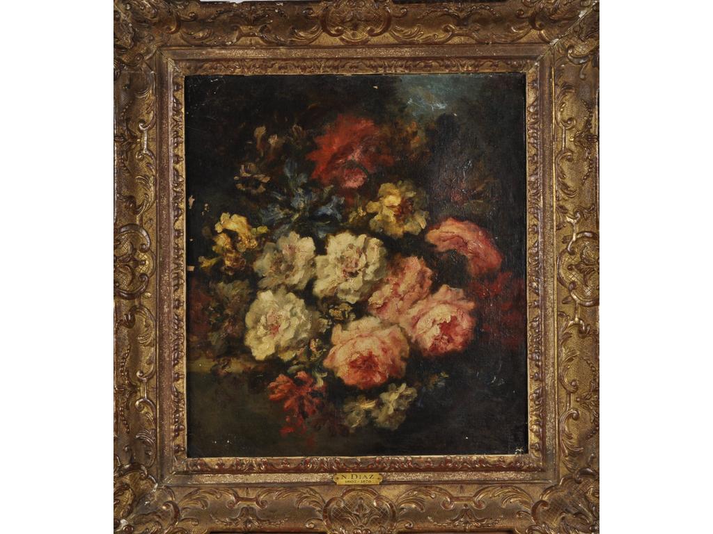 Narcisse DIAZ DE LA PENA (1807-1876) : Bouquet de fleurs. Huile sur toile signée en bas à gauche. Dans un cadre ancien. (Eclats et manques, frottages.). Dimensions : 50 x 45 cm. Bibliographie : « Narcisse Diaz de la Pena, catalogue raisonné de luvre peint » Miquel, ACR éditions, 2006, reproduit et décrit sous le n° 3180, p. 518. Expert : Cabinet Brun-Perazzone