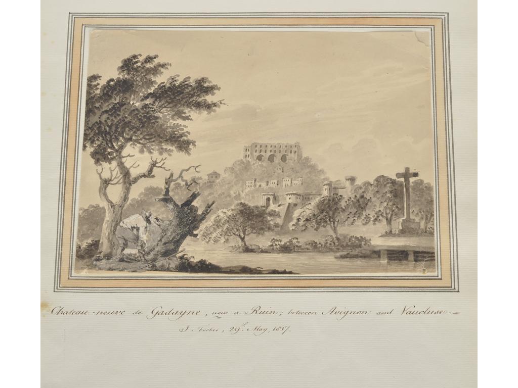 J. FORBES. Ecole Anglaise XIXème siècle : Suite de six aquarelles et lavis sur papiers contrecollés représentant des vues des alentours d'Avignon. Chaque dessin est accompagné d'une légende en anglais, signée et datée 1857.