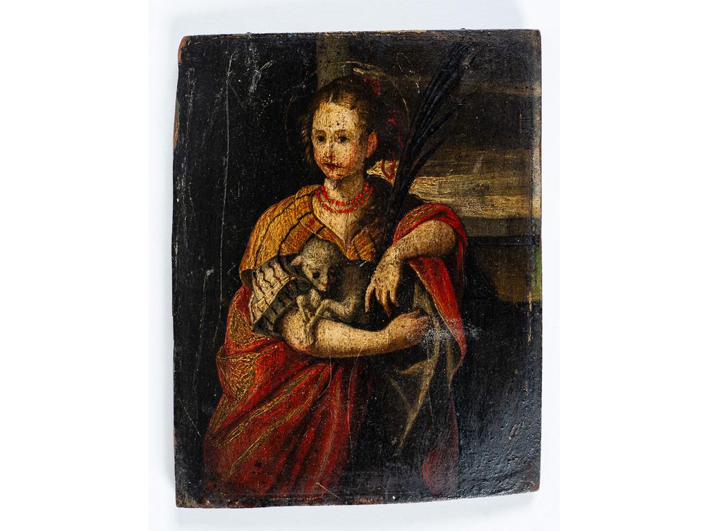 Ecole Italienne du XVIIème siècle : Portrait de Saint Agnès. Huile sur panneau. (Panneau voilé, recoupé et sans cadre). Dim : 21.5 x 17 cm.