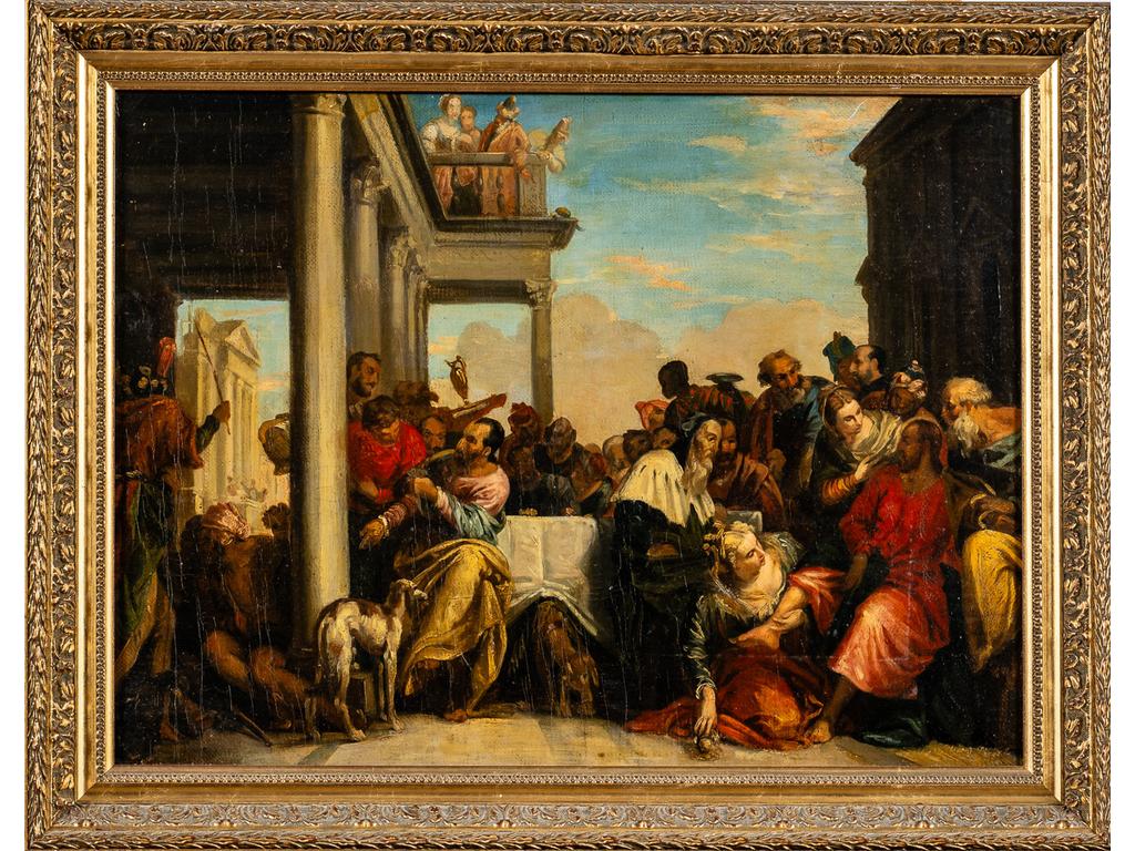 Ecole début XIXème siècle, d'après Véronèse : Le repas chez Simon Le Pharisien. Huile sur toile. (Eraflures, petites craquelures et repeints. Rentoilage). Dim : 40 x 54 cm.