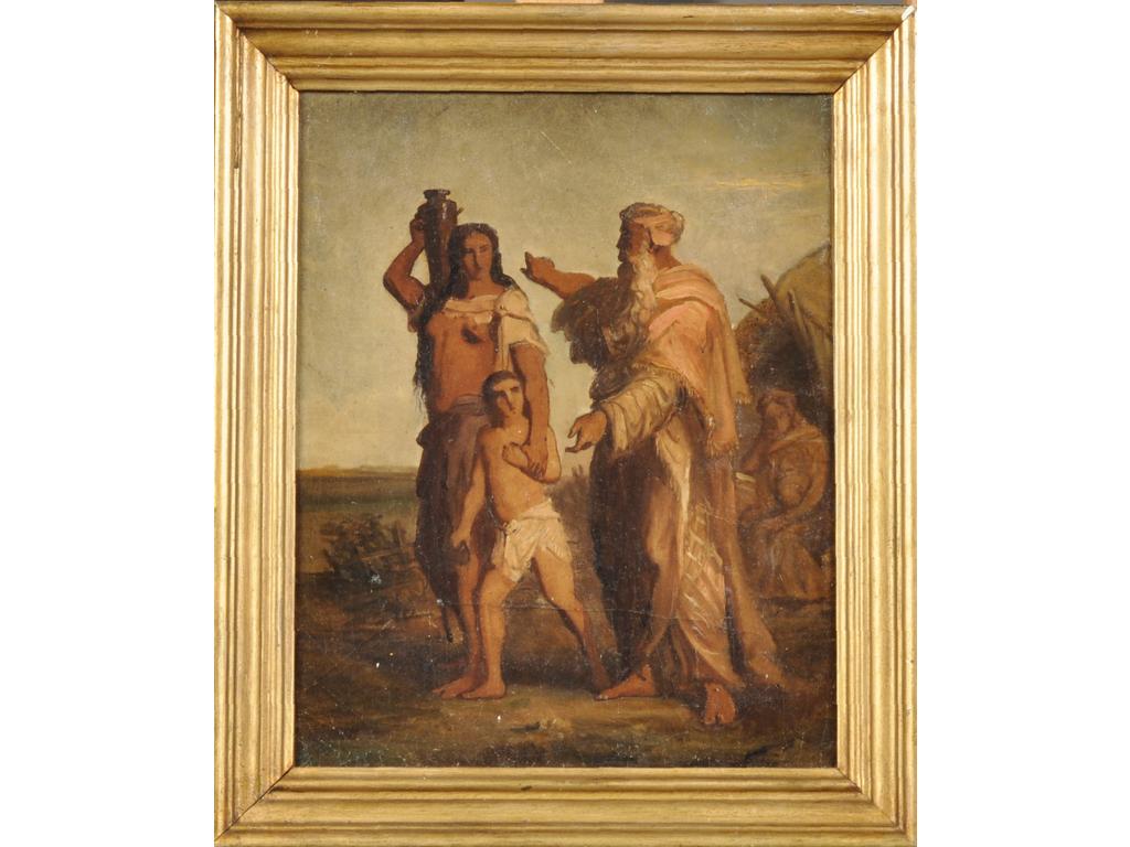 Ecole française vers 1840 entourage de Signol : Abraham chassant Agar et Ismaël. Toile. Hauteur : 39 cm. Largeur : 31 cm. Expert : Cabinet Turquin