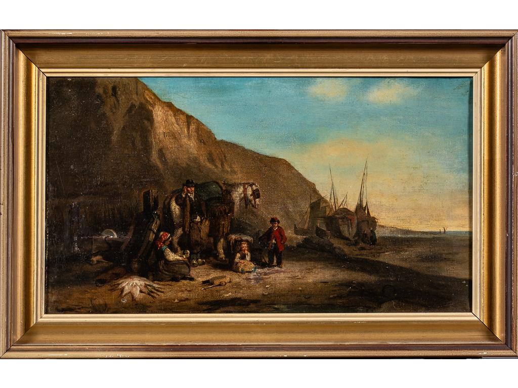 Ecole française XIXème siècle : Famille de pêcheurs. Huile sur toile. (Accident et restaurations). Dim 28 x 49 cm.