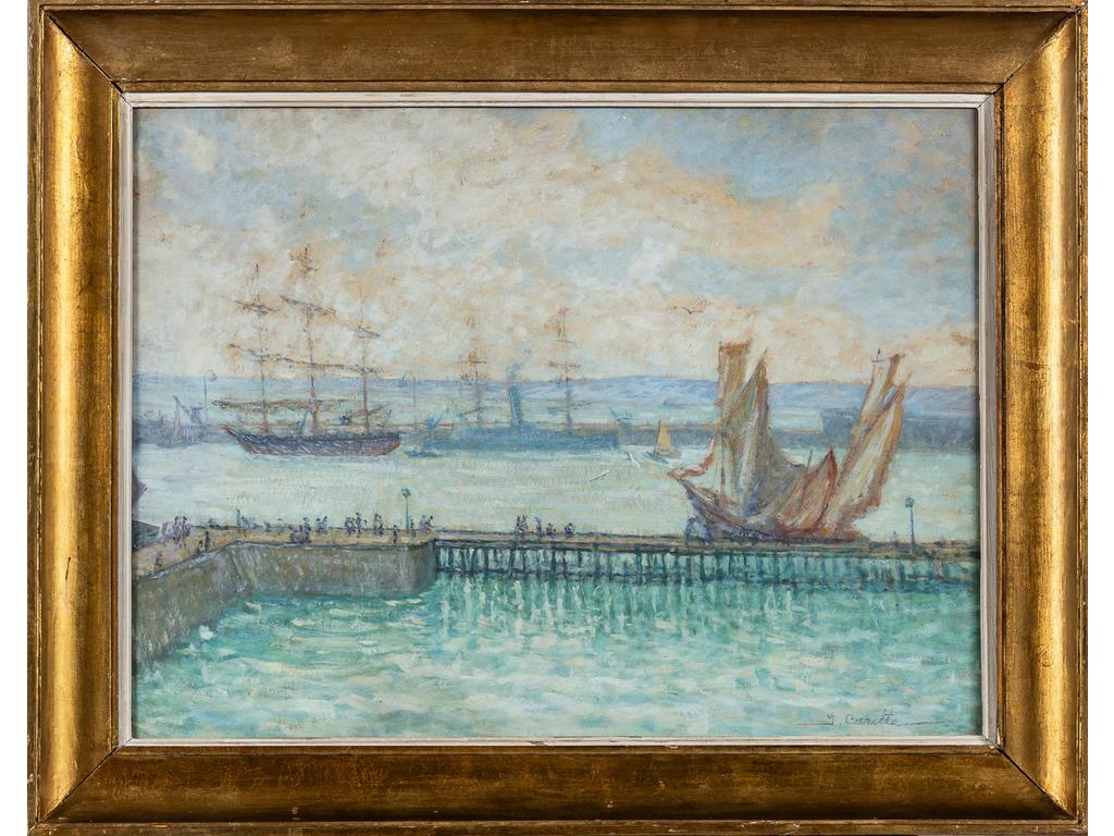 Georges EMILE CARETTE (1854-?) : Le port du Havre. Huile sur panneau signée en bas à droite et située au revers. Dim : 47 x 63.5 cm.