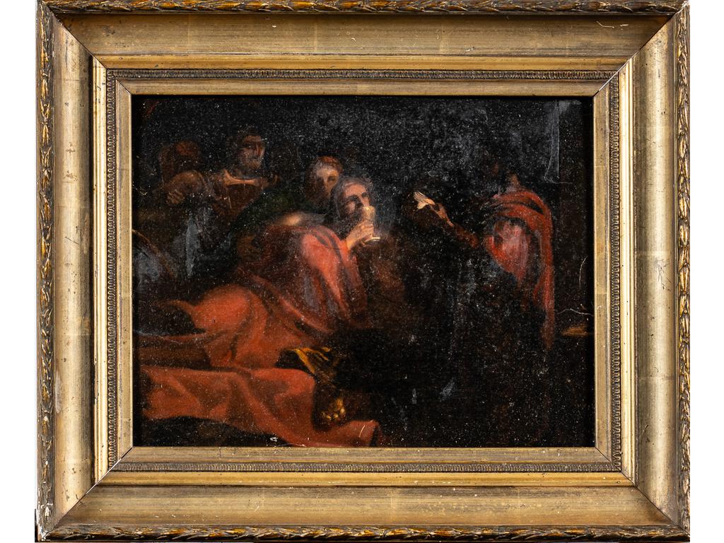 Ecole italienne début XIXème siècle : La lecture. Huile sur carton. (Nombreux repeints, manque au cadre). Dim : 27 x 34.5 cm.
