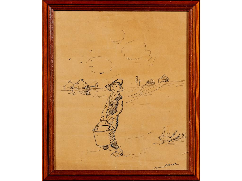 Franscisque POULBOT (1879-1946) : Jeune paysan. Dessin à l'encre signé en bas à droite. (Papier légèrement froissé). Dim : 23.5 x 20 cm.