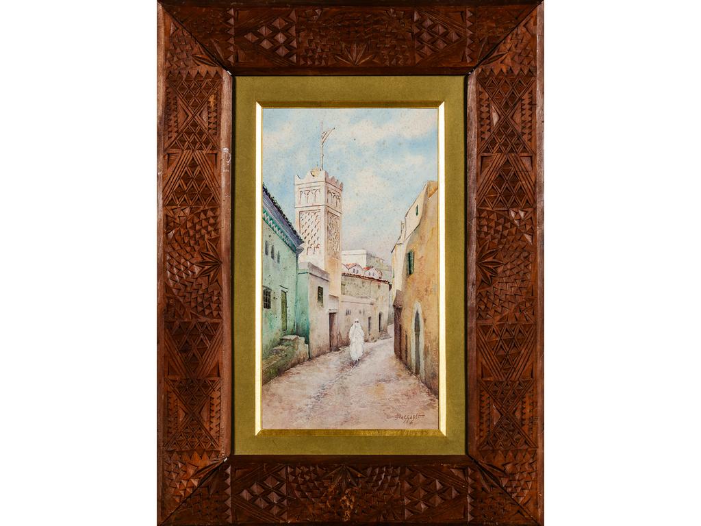 M.MESSAGER (XXème siècle) : Rue et mosquée Sidi Ramdane. Aquarelle signée en bas à droite, située et datée au revers. Cadre en bois sculpté orientalisant. (Piqûre). Dim : 45 x 25 cm.