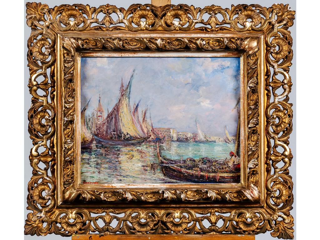 FRANZINI (XXème siècle) : Vue d'un port en Italie. Huile sur toile signée en bas à gauche. Cadre en bois ajouré. Dim : 37 x 45 cm.