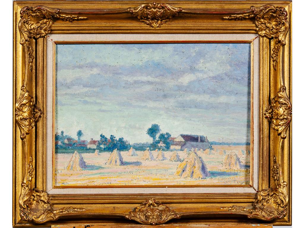 Gustave HERVIGO (1896-1993) : La moisson. Huile sur toile signée en bas à droite et datée 1991. Dim : 33 x 46 cm.