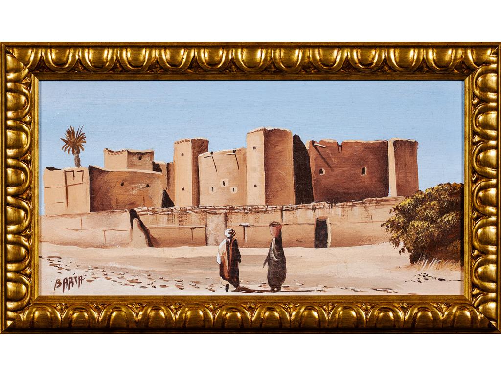 Ecole Orientaliste moderne : Forteresse dans le désert. Huile sur toile signée en bas à gauche