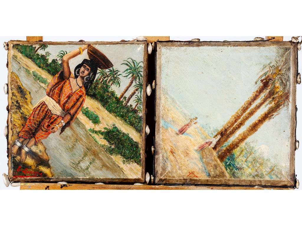 E. LAVERGNE (École Orientaliste moderne) : L'oasis et la porteuse d'eau. Deux huiles sur vélin entourées de cauris, signées. Dim : 25.5 x 25.5 cm.