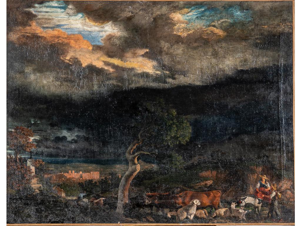 Ecole provençale début du XIXème siècle : Scène pastorale par temps d'orage aux alentours d'Avignon. Huile sur toile. Dimensions : 120 x 154.5 cm. (Sans cadre, rentoilage et restaurations)