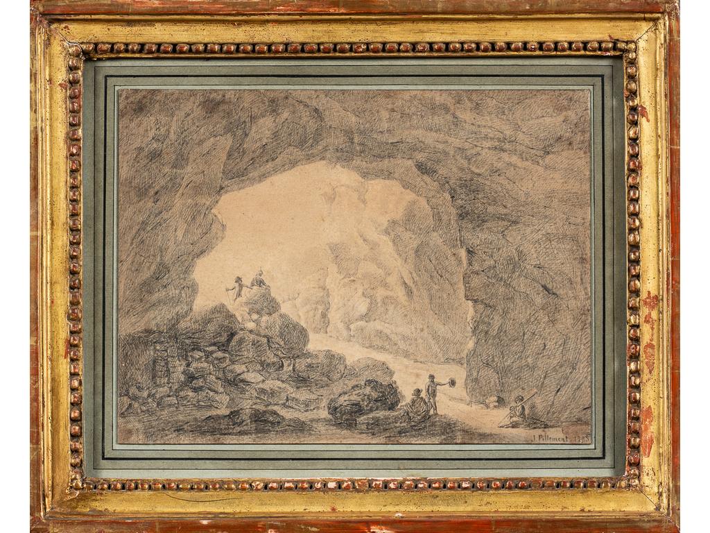 Dans le goût de Jean Baptiste PILLEMENT : Personnages dans une grotte. Dessin à la mine de plomb et fusain. Dans un cadre baguettes dorées d'époque Louis XVI. Dimensions : 24.5 x 32.5 cm