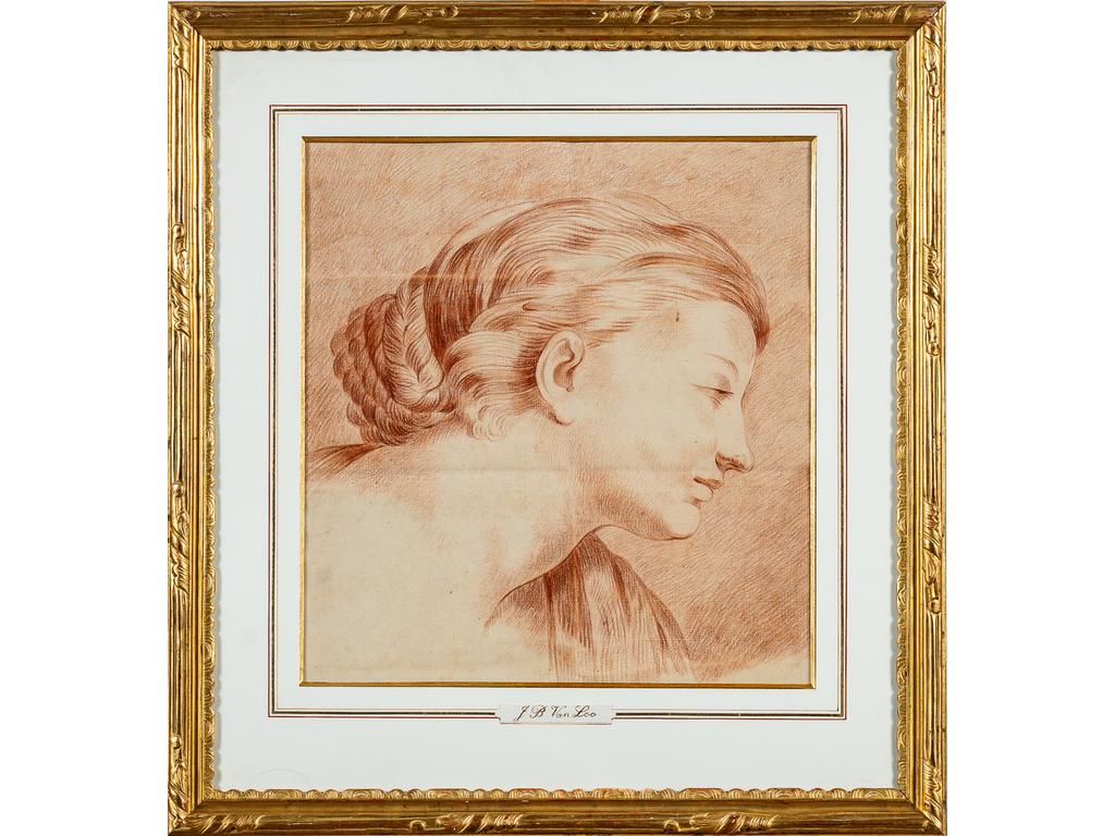 Ecole française fin XVIIIème, d'après Jean-Baptiste VAN LOO : Portrait de femme de profil. Dessin à la sanguine. Dim : 41 x 31 cm.