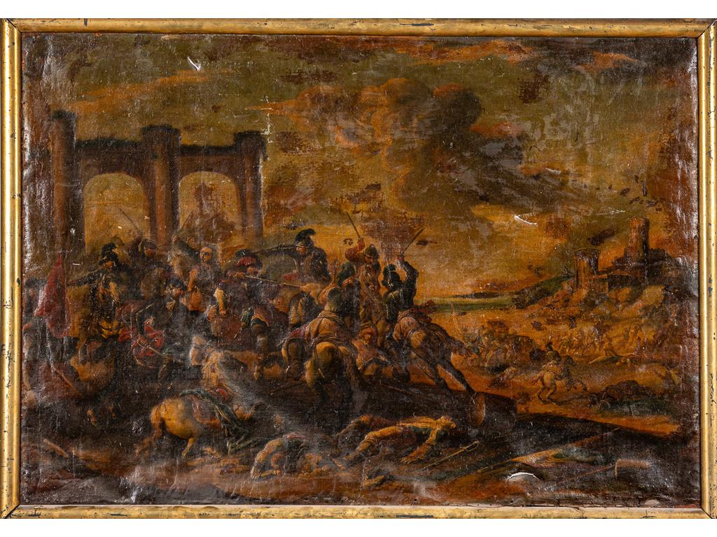 Ecole du XVIIème siècle : Choc de cavalerie. Huile sur toile. (Accidents, manques, à restaurer). Dim : 93 x 133 cm.