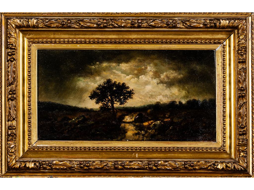 Ecole Française du XIXème siècle : Paysage au ruisseau. Huile sur toile. (Enfoncement). Dim : 20 x 37.5 cm.