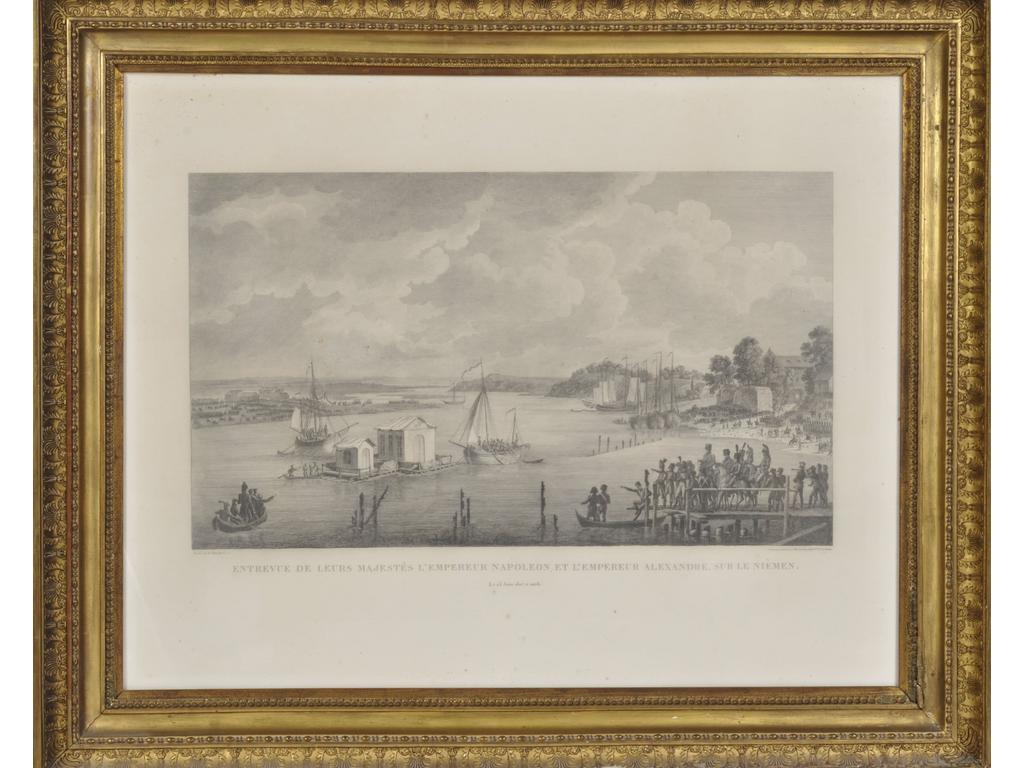 Entrevue de leurs Majestés L'Empereur Napoléon et l'Empereur Alexandre, sur le Niémen. Grande gravure par Lameau et Nisbach. Dim. : 48x72cm (hors marge). Sous verre. Cadre doré à palmettes.