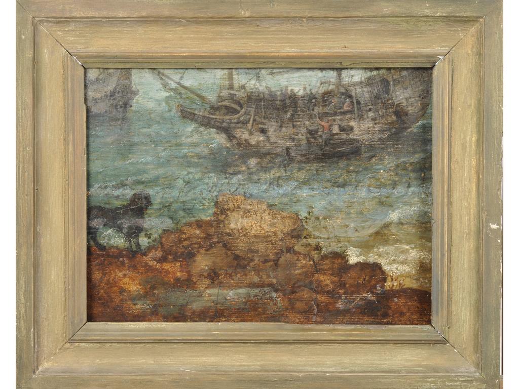 Ecole du Nord XVIIème siècle : Scène d'abordage, au premier plan un chien sur une côte rocheuse. Fragment de panneau de chêne. Dimensions : 24.5 x 31.5 cm. (Fente au panneau et quelques petits manques, usures générales)