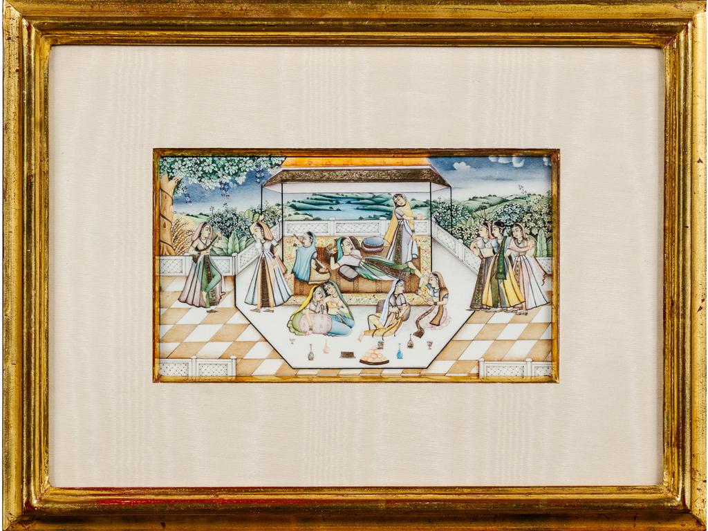 Miniature Indienne peinte représentant des courtisannes. Dim : 10.5 x 19.5 cm.