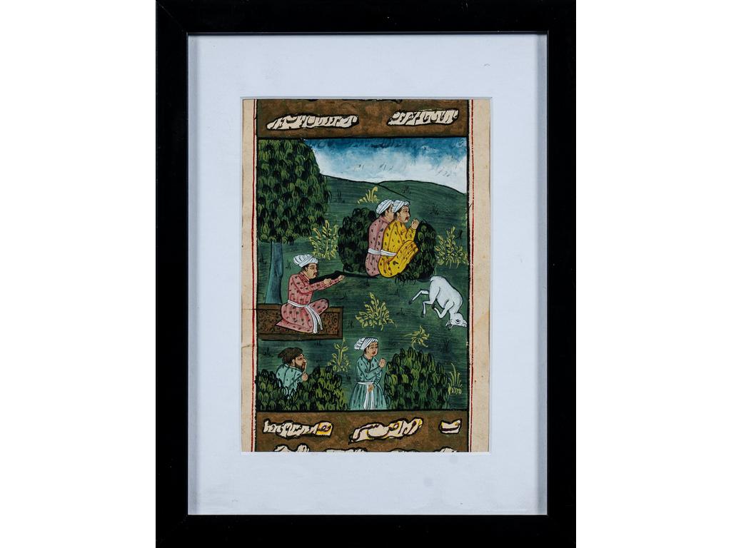 Miniature Indo-Persane représentant une scène de chasse. Gouache sur papier. Dim : 17 x 12 cm.