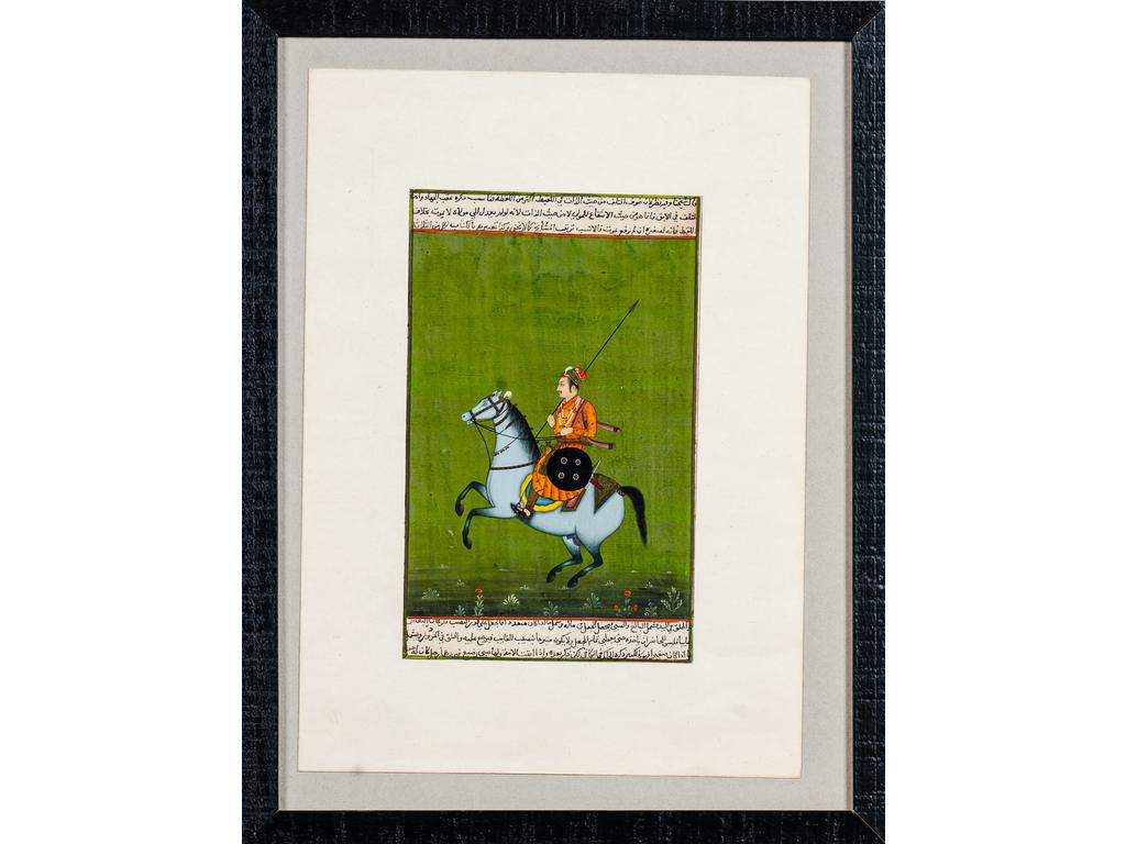 Miniature Indo-Persane représentant un cavalier. Gouache sur papier. Dim : 23.5 x 14.5 cm.
